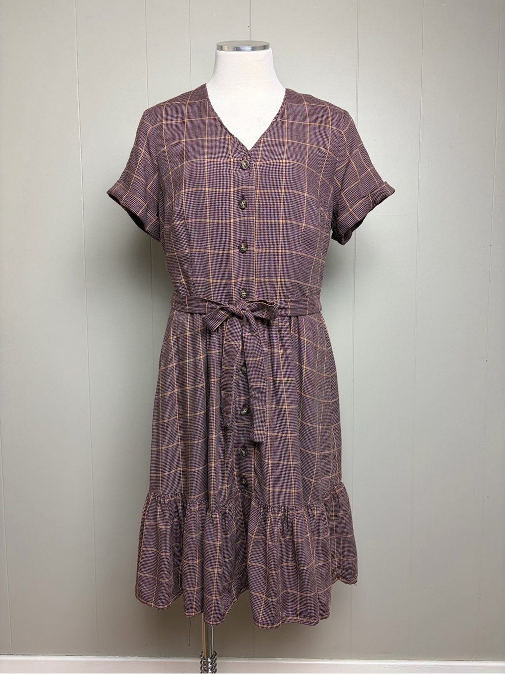 Gal Meets Glam Plaid Button Front Tie Waist Midi Dress US 12 Lined